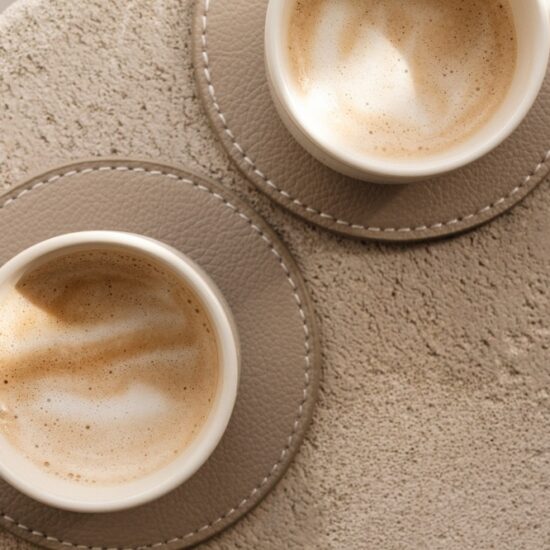 Zwei Tassen mit Milchkaffee von oben fotografiert auf einem hellen Steintisch