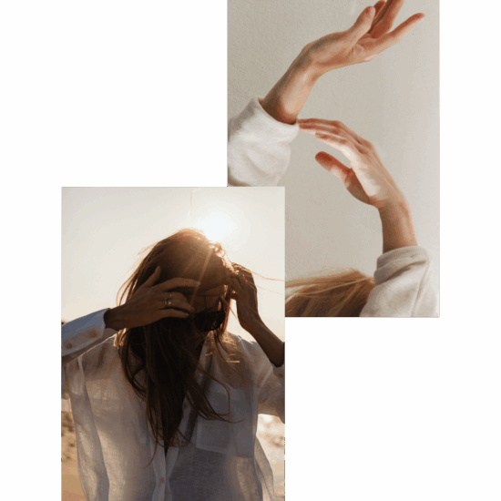 Collage aus Bildern mit Händen und Frau mit langen braunen Haaren, mit Freiheits-Gefühl wie bei dem 1:1 Personal Mentoring mit Julia Leifheit