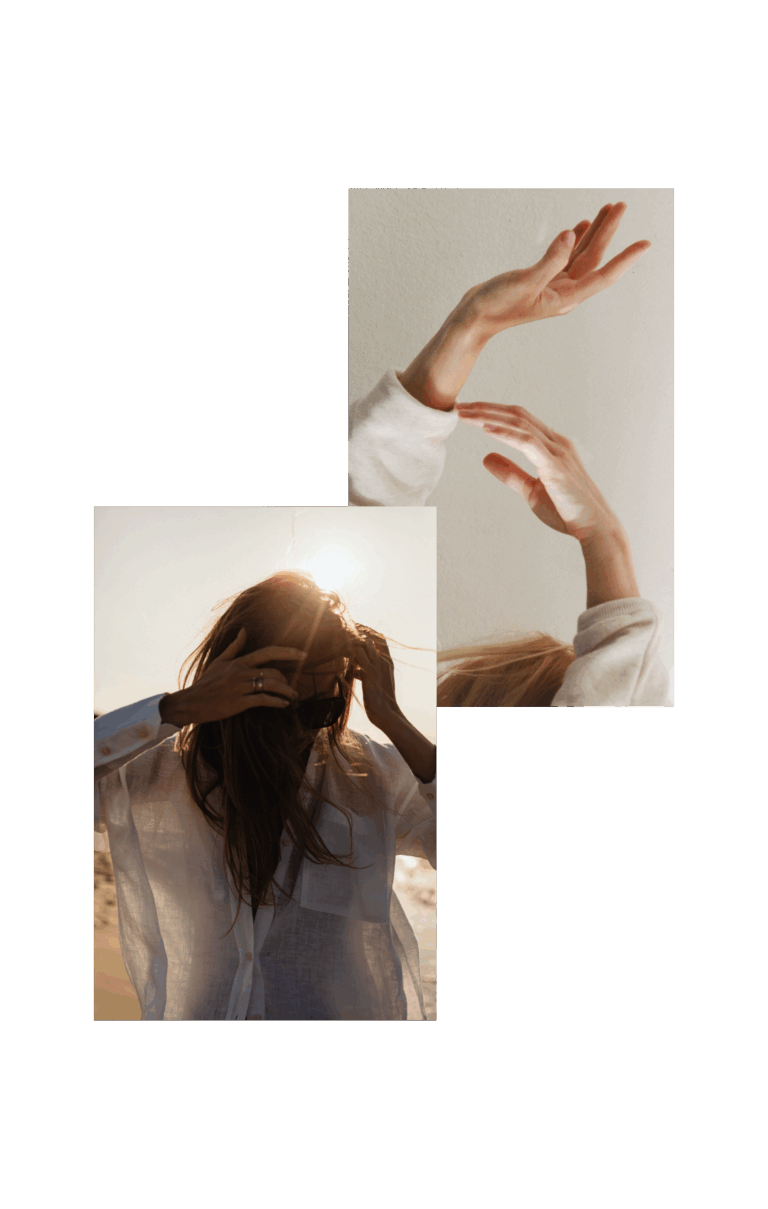 Collage aus Bildern mit Händen und Frau mit langen braunen Haaren. Hände in den Haaren