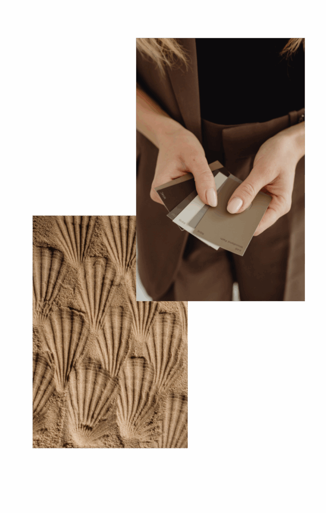 Collage aus zwei Bildern. Abdrücke von Muscheln im Sand. Frau in braunem Anzug, in den Händen braune Farbkarten.