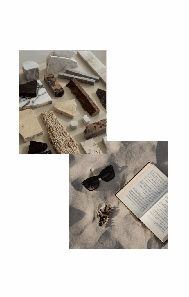 collage aus zwei Bildern. Buch und Haarspange im Sand. Mehrere Materialen auf Tisch ausgebreitet.