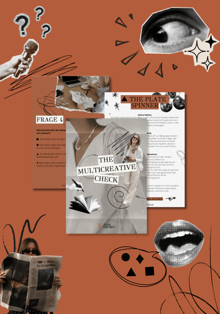 Collage mit verschiedenen Skribbles: Der Multicreative Check ist ein Test, um herauszufinden, welcher Multicreative Typ du bist und was du tun kannst, um deine Projekte voranzubringen. Das Mockup zeigt das Deckblatt, eine Frageseite und eine Aufllösungsseite des Checks.