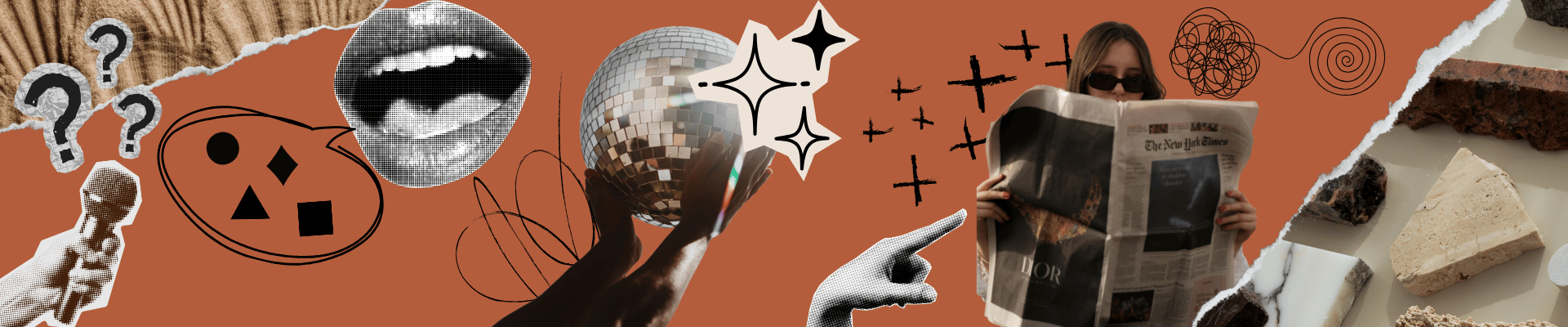 Collage aus verschiedenen Fotos, Skribbles und Bildausschnitten, die das Gefühl von kreativem Chaos vermitteln auf einem Rostroten Hintergrund